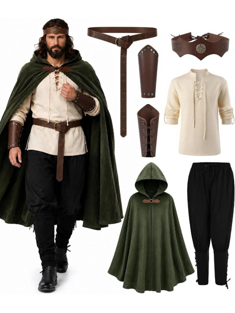 Men's Renaissance Costume Set - 7 PCS Medieval Outfit with Hooded Cloak, Shirt